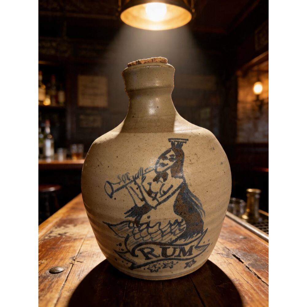 VTG Stoneware Rum Jug Nautical sailor Decanter mermaid Crock Barware 8” Mancave